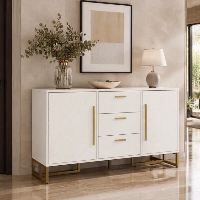Credenza bianca 145x40x75 cm in MDF con 2 ante; 3 cassetti e motivo chevron
