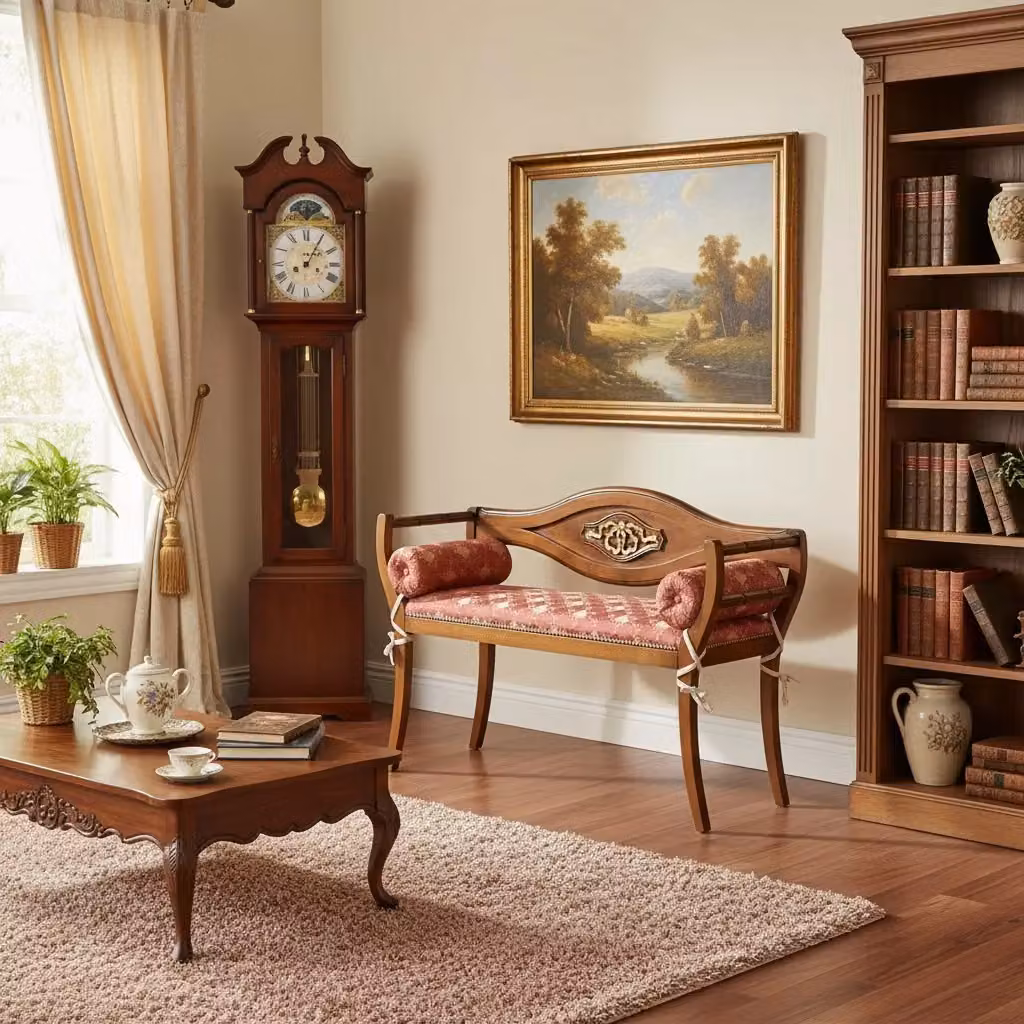 Divanetto imbottito in legno di faggio con decorazioni floreali e fregio oro, colore rosso e oro, L: 103 cm, P: 38 cm, H: 77 cm – 1