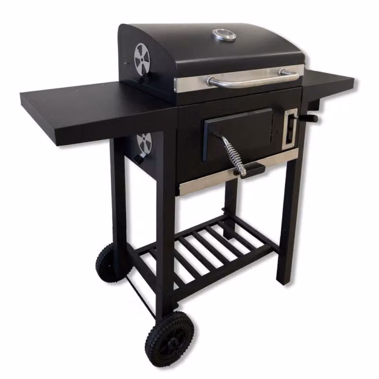 Barbecue a carbonella con ruote e doppio ripiano laterale, griglia