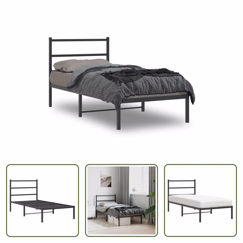 The Living Store Struttura letto con testiera in metallo nero 90x200 cm