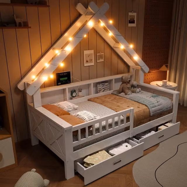 letto a forma di casa in mdf pino e compensato bianco 90 x 200 cm