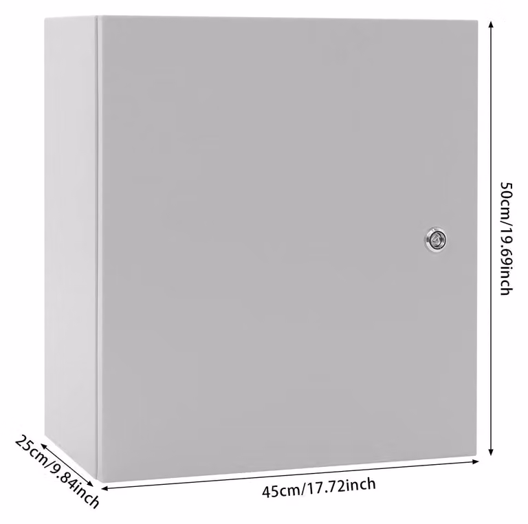 Armadio di distribuzione esterno elettrico - Scatola di derivazione da parete - Grado di protezione IP65 (resistente all'acqua) - Alloggiamento in metallo con serratura - Grado di protezione IK08 (resistente agli urti) - Dimensioni: 45x50x25 cm - Colore:
