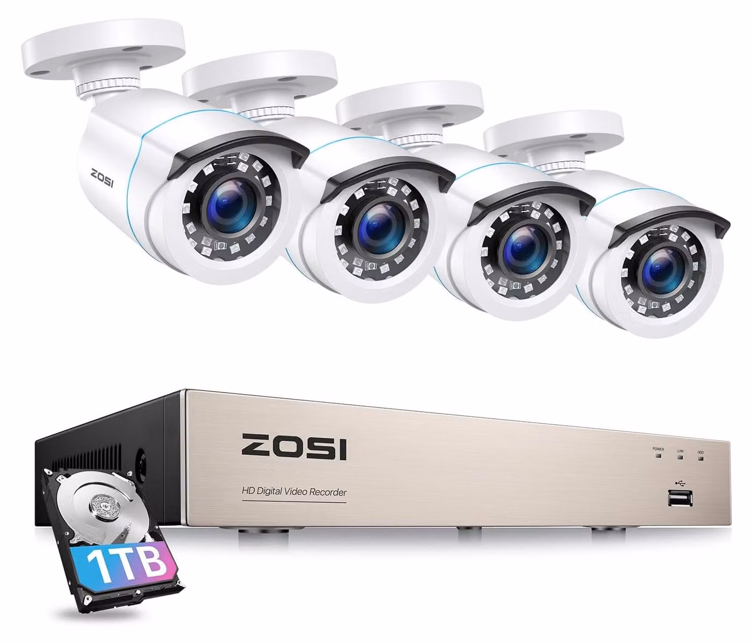 Kit di videosorveglianza: DVR a 8 canali con 4 telecamere da esterno, 1 TB di spazio di archiviazione e visione notturna