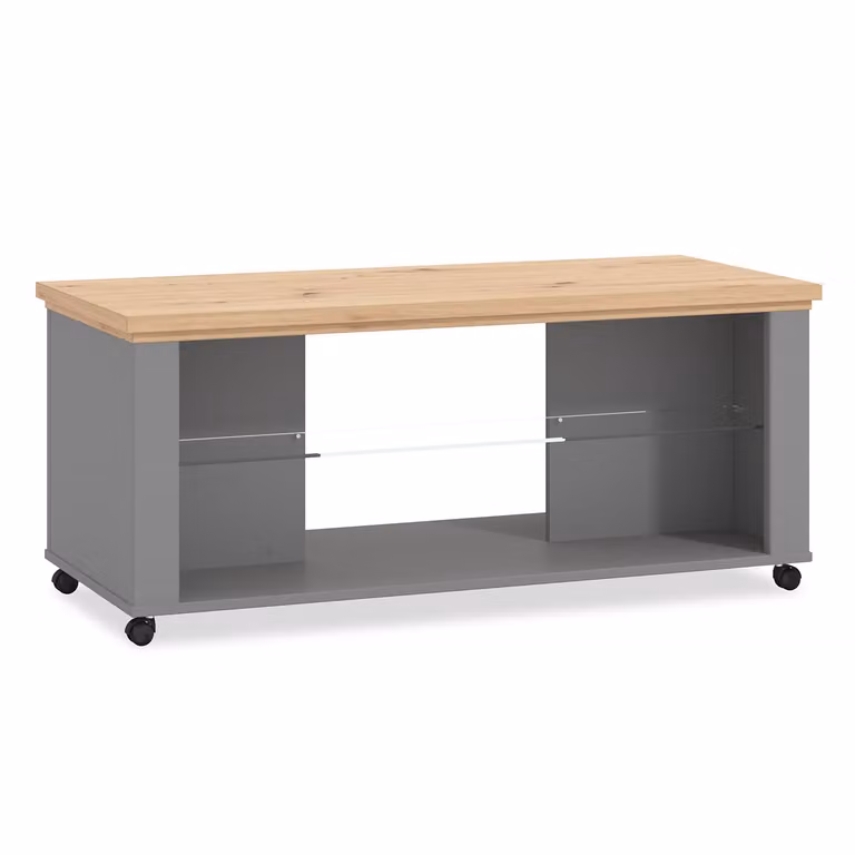 Homestyle4u Tavolino da caffè in legno vetro grigio Tavolo rettangolare da soggiorno Tavolo in legno con rotelle