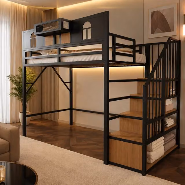 Hochbett in metallo 90x200 cm con scala contenitore; luce integrata e ripiano; nero