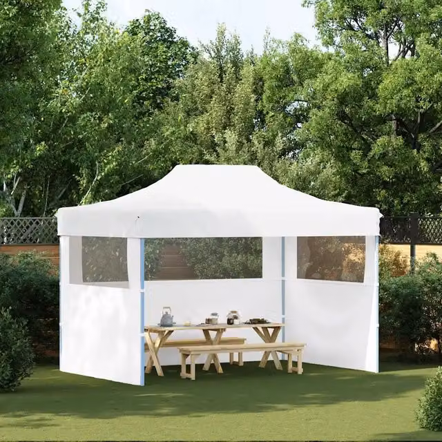 Gazebo Pieghevole con 3 Pareti vidaXL in Acciaio Bianco e PVC Trasparente L/P/H: 280 x 410 x 315 cm – 1