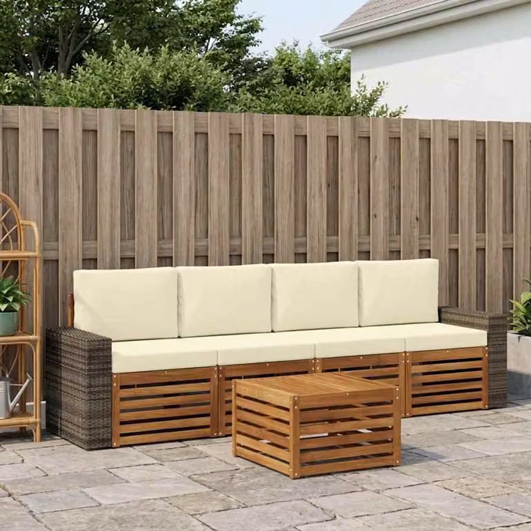 Set di divani da esterno vidaXL 5 pezzi in legno di acacia con cuscini beige e bianco per giardino e terrazza