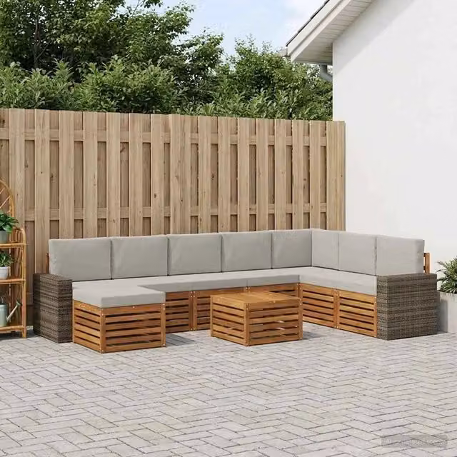 Set di divani da esterno a L con tavolino e pouf vidaXL in legno di acacia, beige e grigio