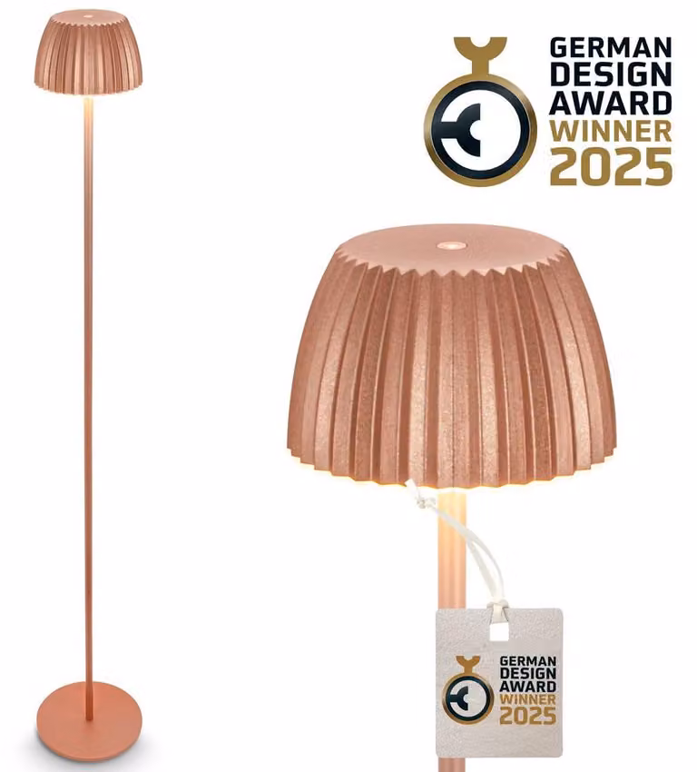 Briloner RIFFLE Lampada da terra senza fili IP44, dimmerabile, touch, batteria ricaricabile, vincitrice del German Design Award 2025, color rame, Ø19 x 124 cm