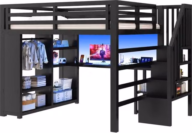 Letto a soppalco 160x200 con scrivania integrata, armadio aperto, scale e illuminazione led, nero