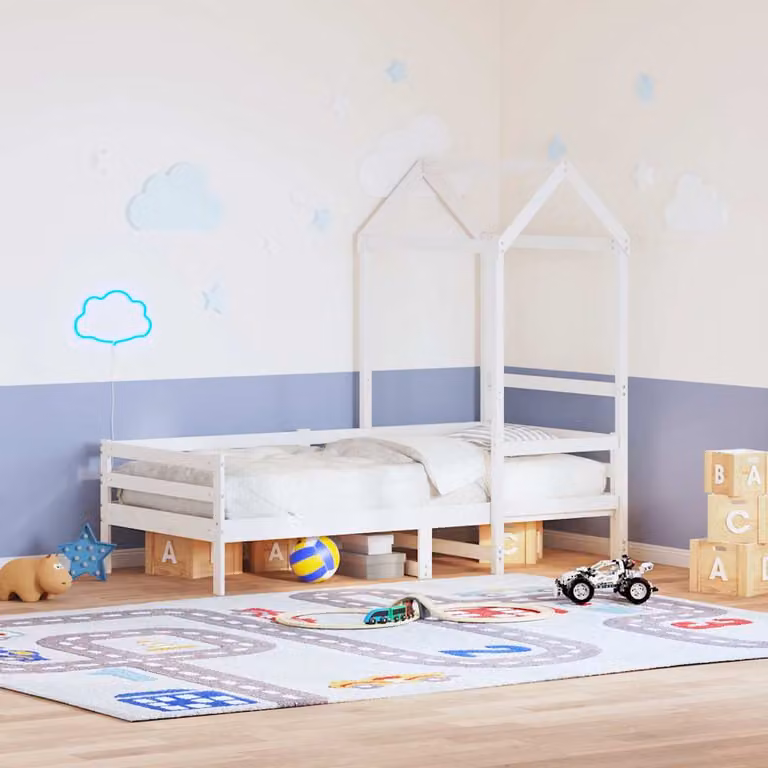 vidaXL Tetto Letto per Bambini in Legno di Pino Massello Bianco L: 98 cm, P: 70 cm, H: 176,5 cm