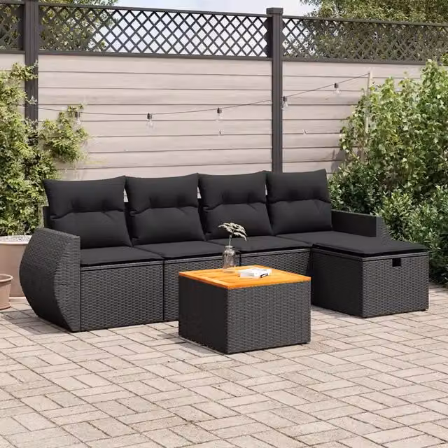 Set Divano da Giardino 6 pz con Cuscini Nero in Polyrattan 3325835