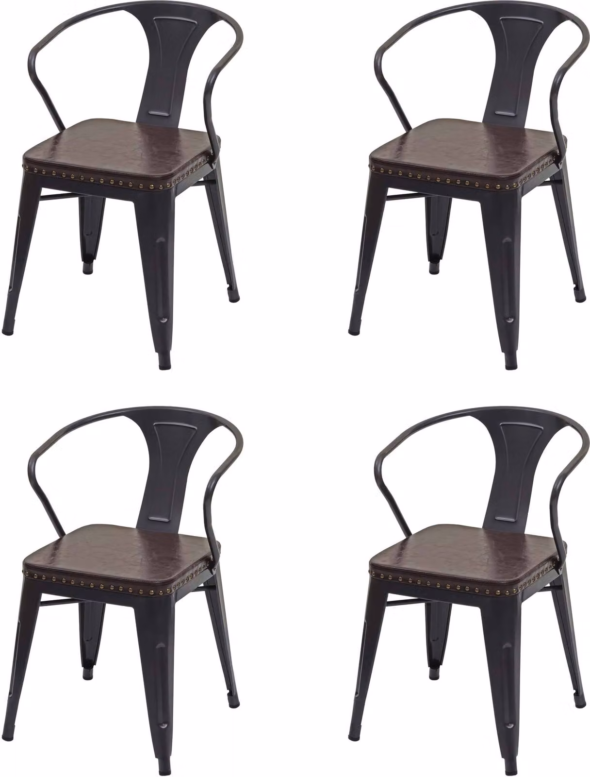 set di 4 sedie da sala da pranzo HWC-H10d, sedia da cucina, Chesterfield metallo imitazione pelle industriale gastro ~ nero-marrone