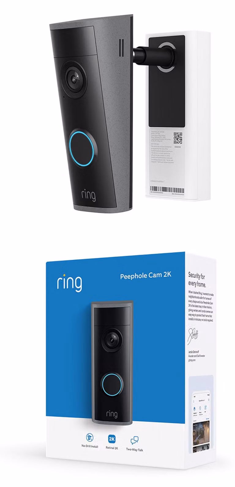 Telecamera per spioncino con Wi-Fi, risoluzione 2K, videocitofono (ultima generazione), per porte con spessore da 60 a 90 mm, con cavo