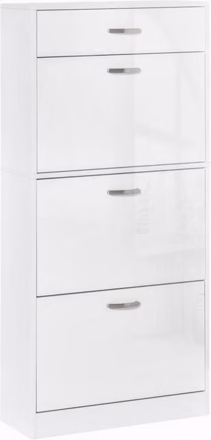 Scarpiera Xylo con 3 ante e cassetto in legno bianco lucido L: 62 cm, P: 24 cm, H: 135 cm