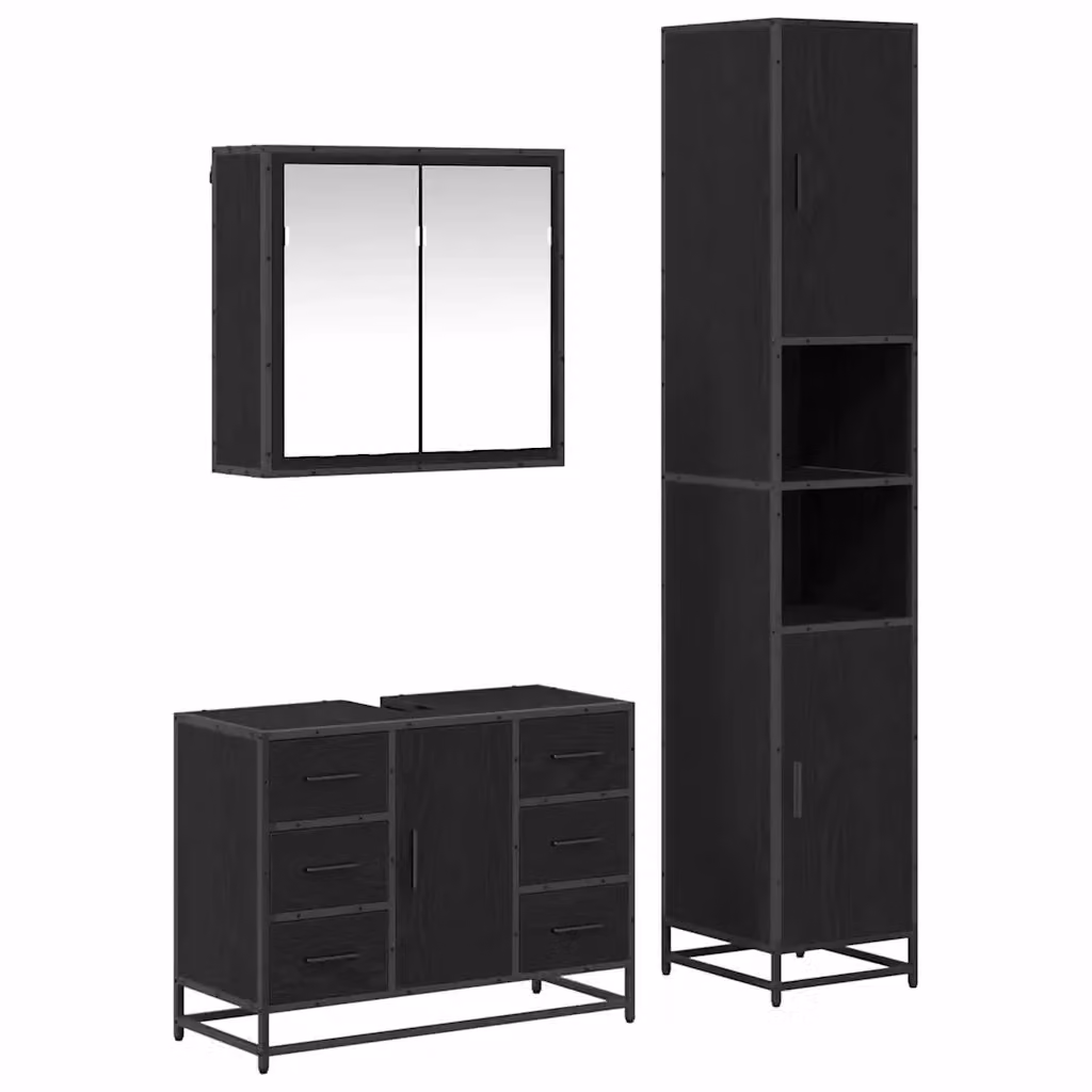 Set di mobili per il bagno moderno vidaXL in 3 pezzi, colore nero e rovere, con armadietto con specchio, mobile lavabo e colonna alta, L/P/H: 80 x 33 x 188,5 cm – 2