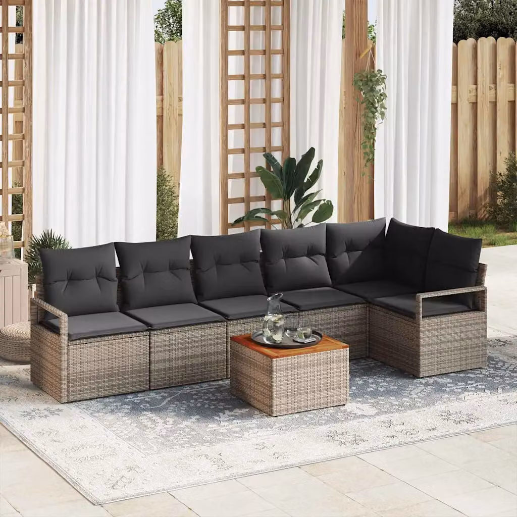 Set Divano da Giardino vidaXL 7 Pezzi in Polyrattan Grigio con Cuscini e Tavolino – 1