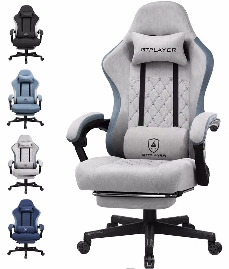 Sedia da gaming - Sedia da ufficio - Ergonomica - Rivestimento in tessuto - Cuscino di seduta a molle insacchettate - Braccioli uniti - Poggiapiedi - Regolabile in altezza - Grigio