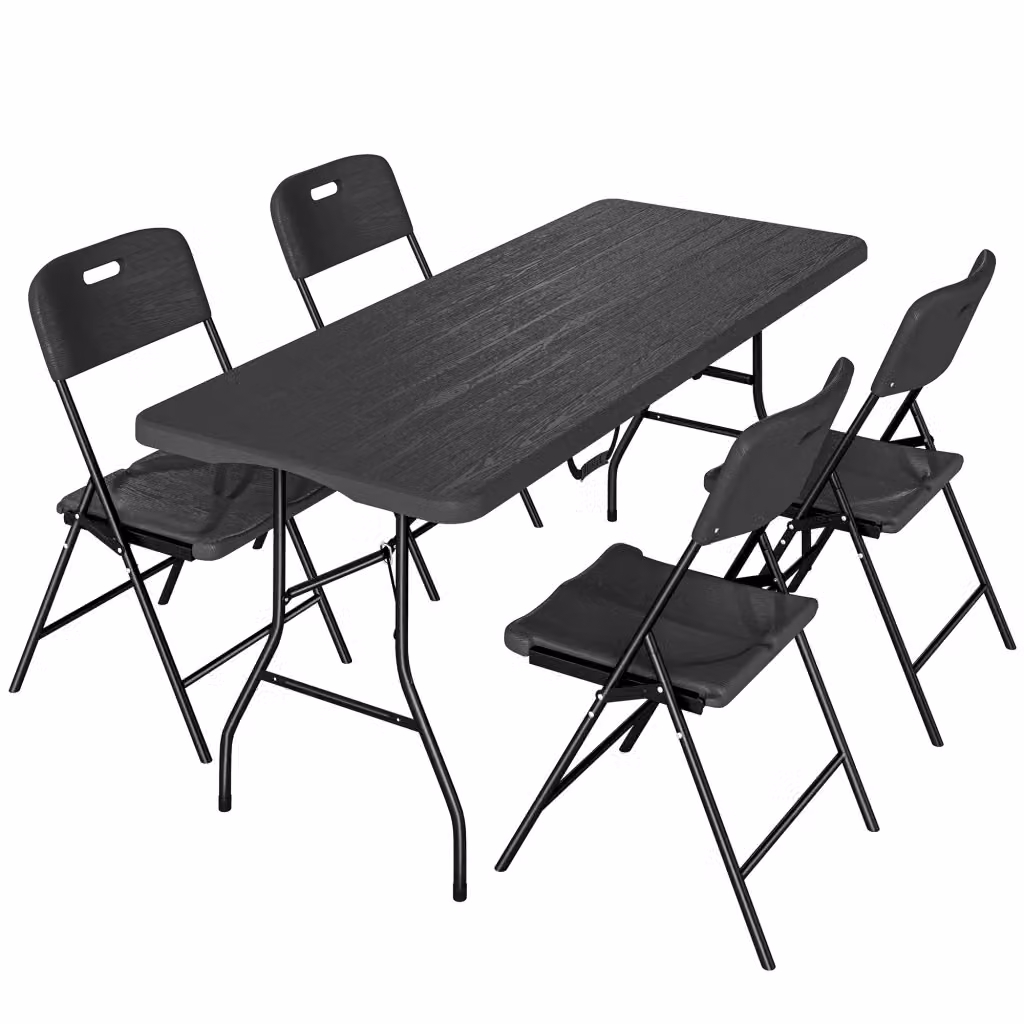 Set da Campeggio Pieghevole 5 Pezzi con Tavolo Rettangolare e 4 Sedie in Metallo e Plastica Nera Opaca – 2