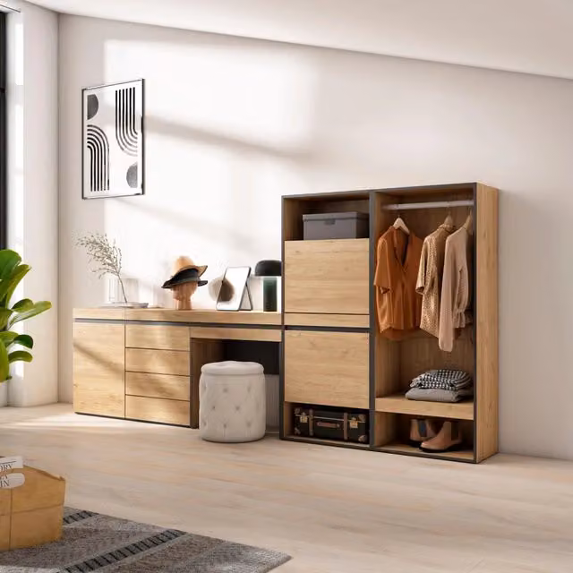 Scarpiera, 297x35x145cm, Camera da letto, Armadio Aperto, Cassettiera, Tavolo da toeletta, colore Rovere RF3540