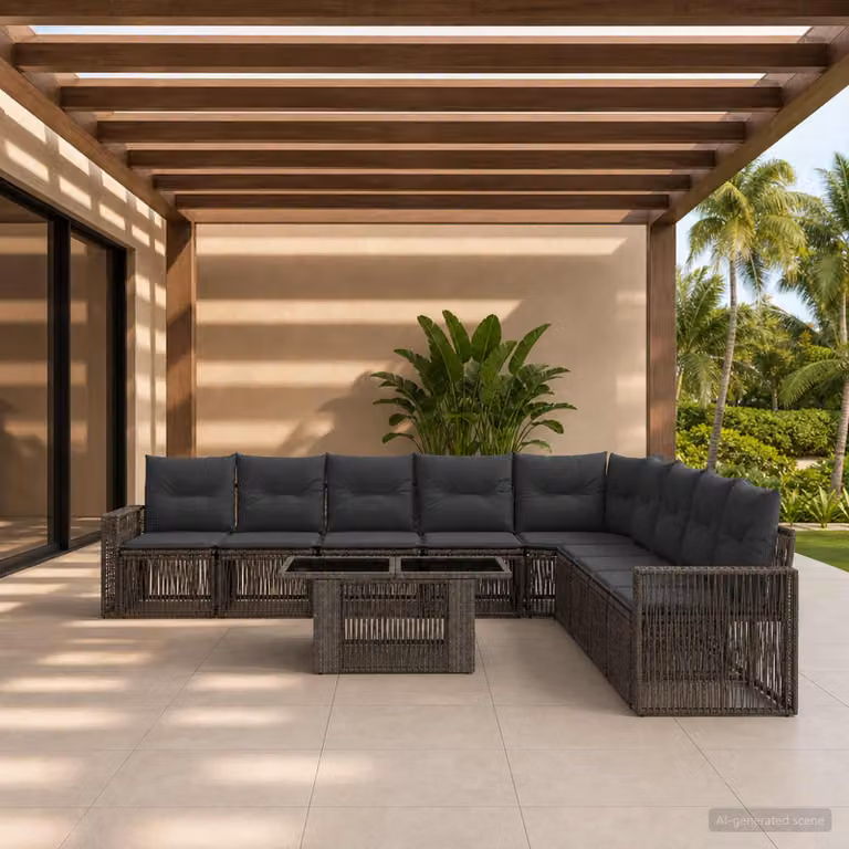 Set Divano da Giardino vidaXL 10 Pezzi in Polyrattan Grigio e Antracite con Tavolino e Cuscini