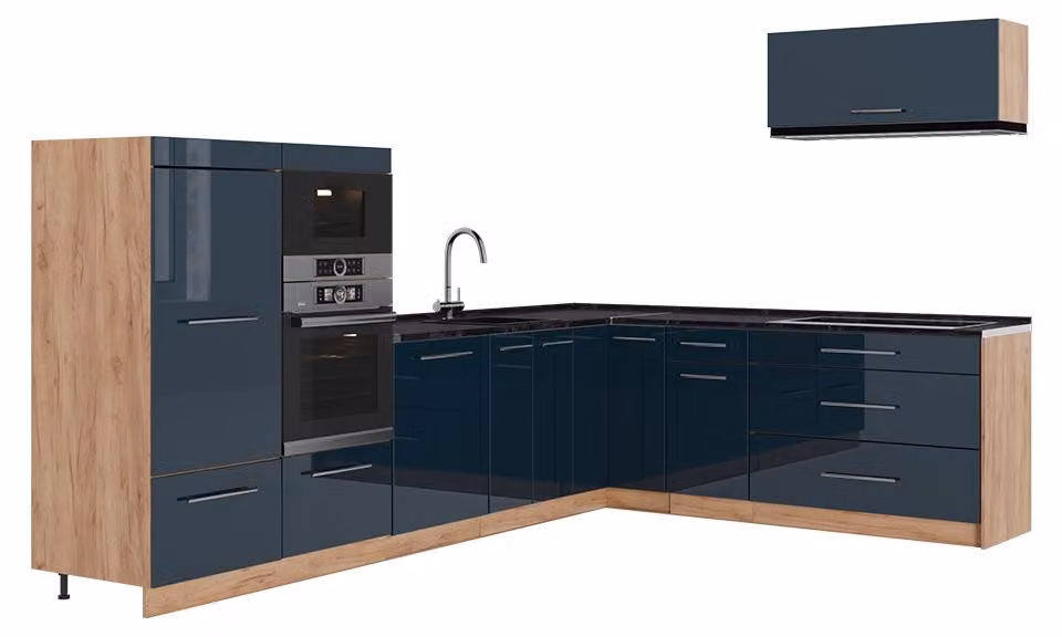 Cucina angolare completa Vicco Fame-Line Blu scuro lucido/Rovere dorato 327 x cm, PL Antracite, Model 65747