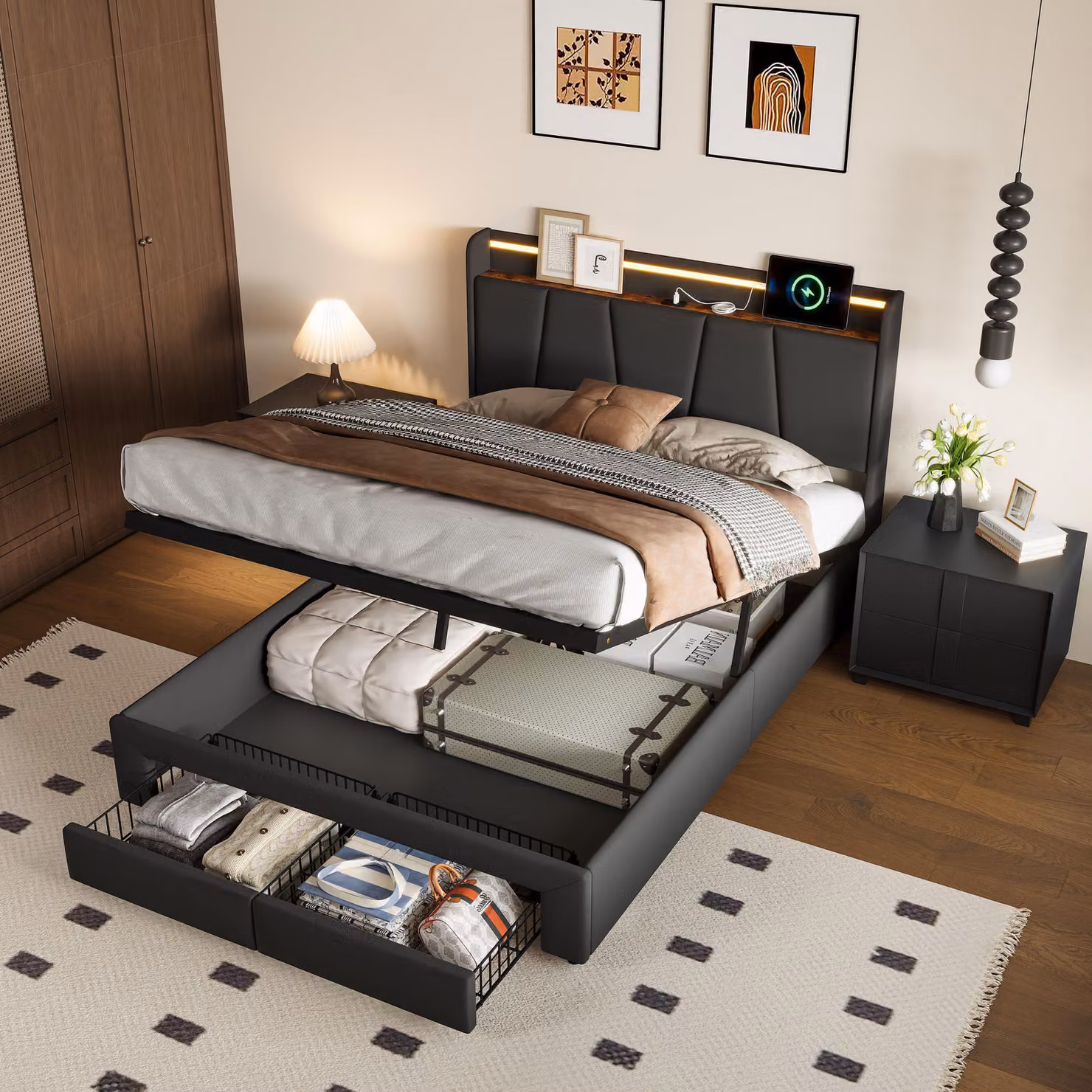 Letto imbottito Fortuna Lai 140×200 cm in lino grigio - letto con illuminazione a LED, porta di ricarica USB e Type-C, rete idraulica e 2 cassetti, letto contenitore moderno