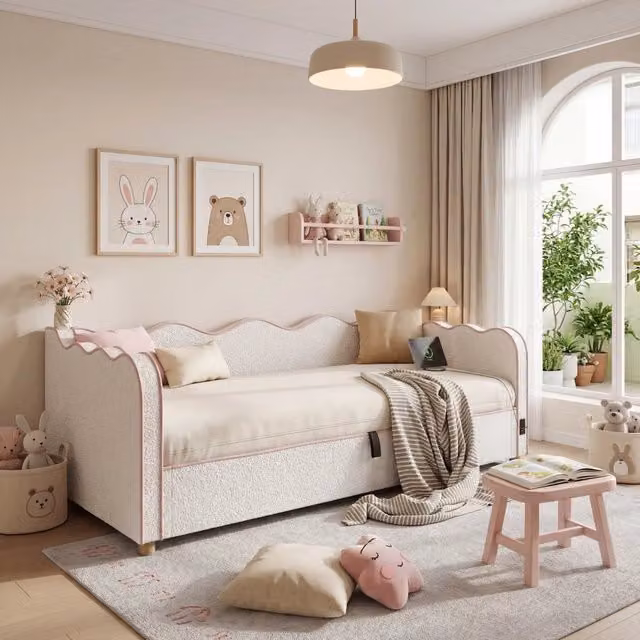 Letto da giorno 90x200 cm con contenitore idraulico e USB; divano letto imbottito con schienale; tessuto riccio; beige