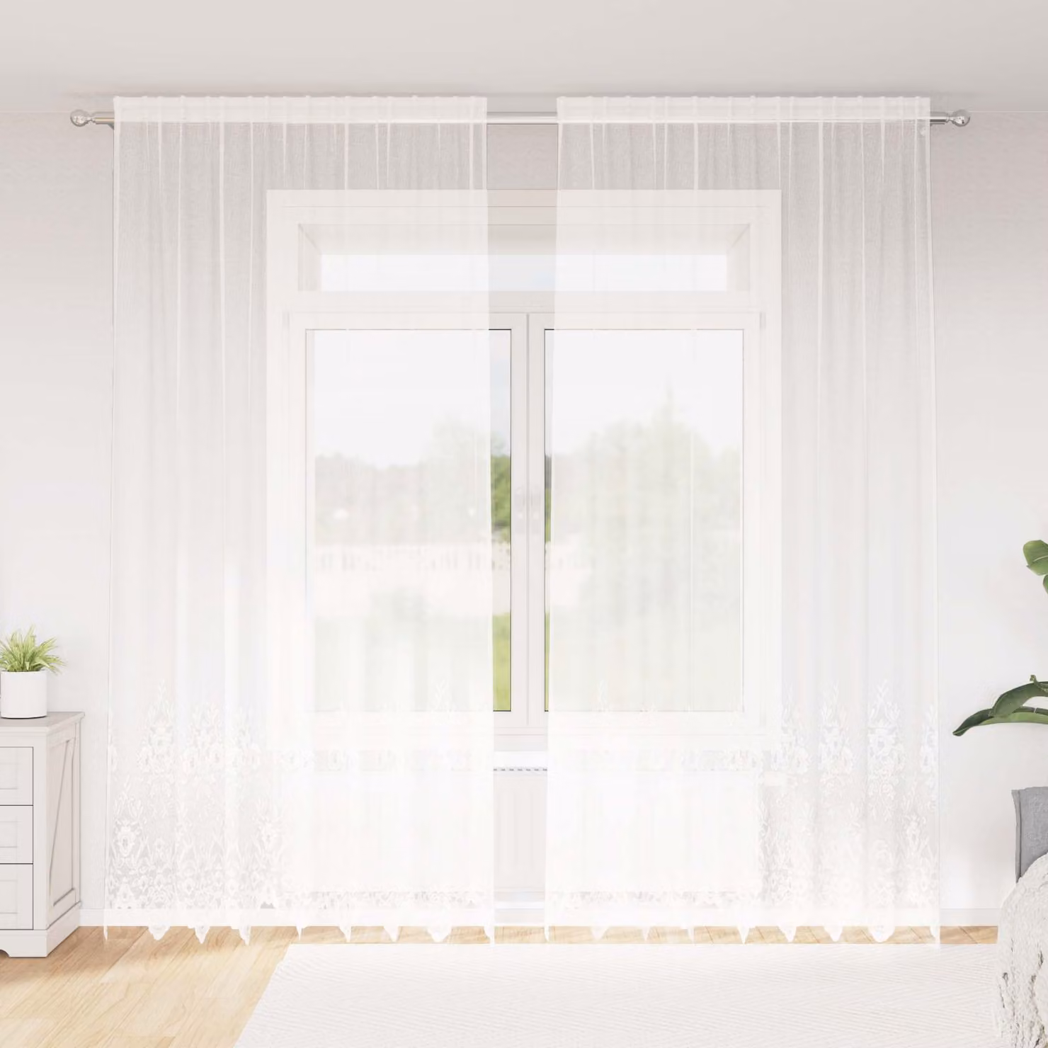 Tenda in pizzo bianca vidaXL con motivo floreale in poliestere, L: 260 cm, H: 200 cm
