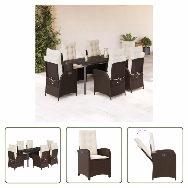 The Living Store Set da pranzo da giardino 7 pezzi con cuscini in polirattan marrone