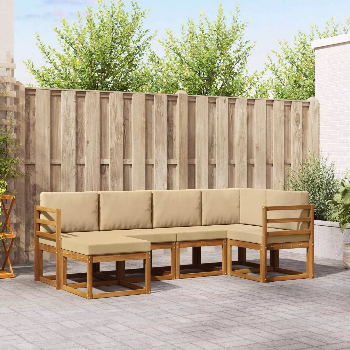 Set di divani da esterno vidaXL in legno di acacia con cuscini, 6 pezzi, Beige e Marrone