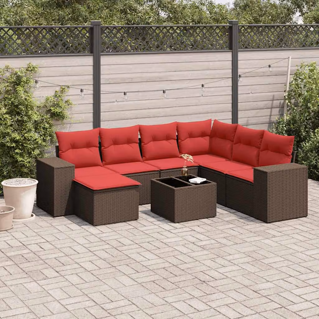 Set di divani da giardino vidaXL 8 pezzi in polyrattan marrone con cuscini e tavolino da esterno a forma di L