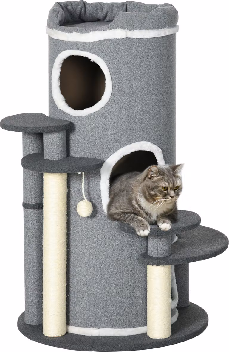 PawHut: tiragraffi per gatti da 99 cm con cucce e pallina, colore grigio