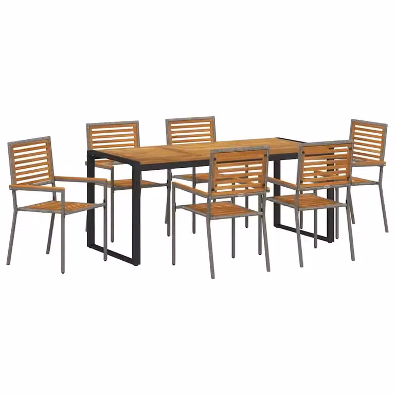 Set da pranzo per giardino e terrazzo vidaXL in polyrattan da 7 pezzi, colore grigio e marrone con tavolo in legno di acacia