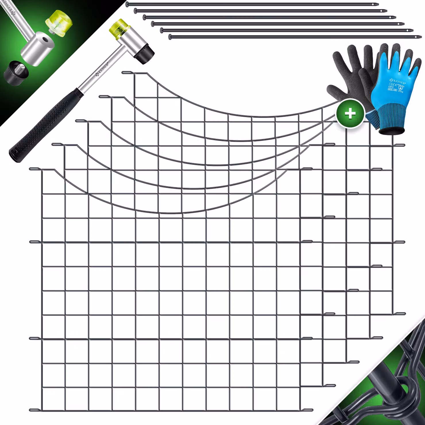 KESSER® Recinzione per stagni, recinzione da giardino, sistema a pannelli, set completo in metallo, parte superiore arrotondata, inclusi martello e pali