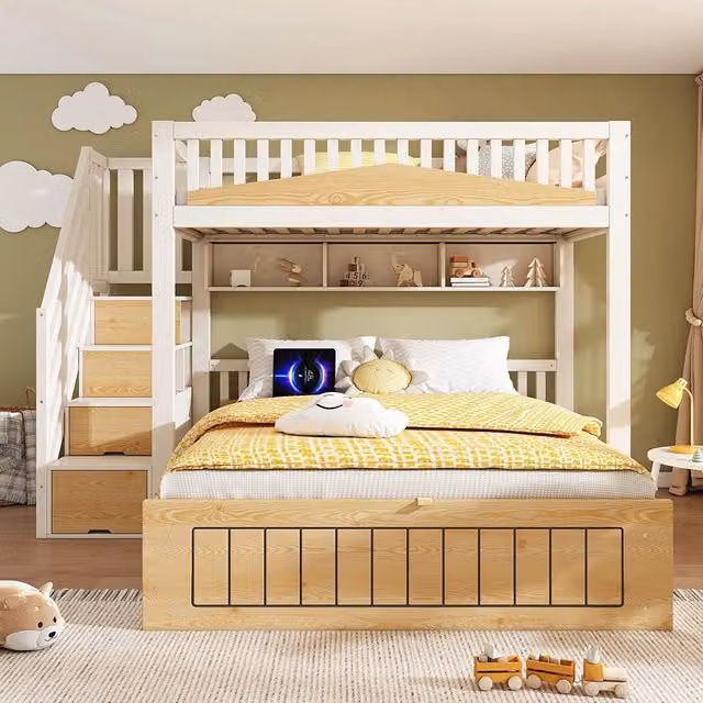 Letto a castello in legno per bambini - Xylo - 90x200 & 140x200 cm - Bianco e naturale - Con spazio di archiviazione idraulico, armadio con scala, barriera di sicurezza e porta USB-C