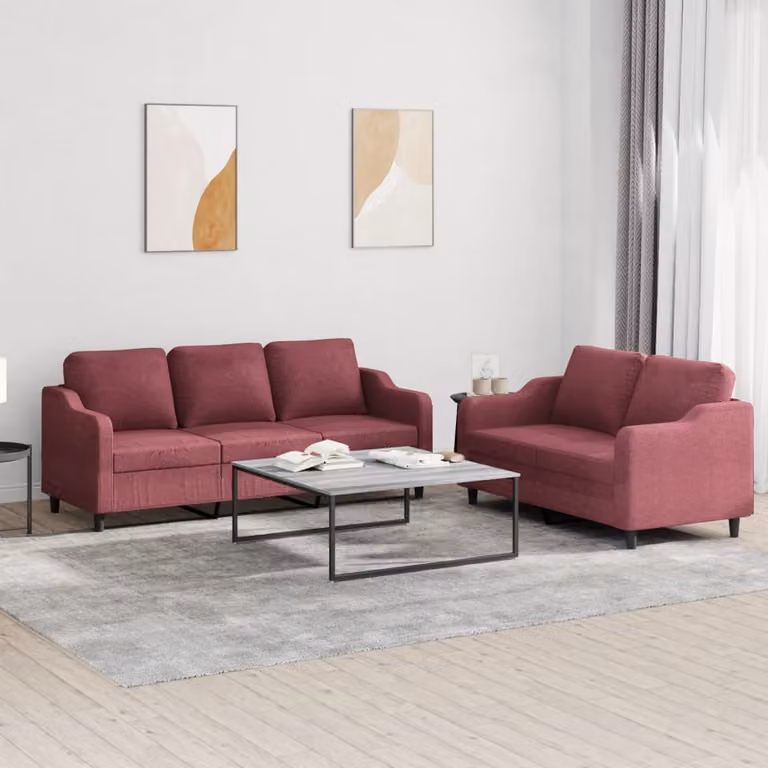 Set di divani vidaXL composto da un divano a 2 posti e uno a 3 posti in tessuto rosso con cuscini coordinati e braccioli per il tuo soggiorno