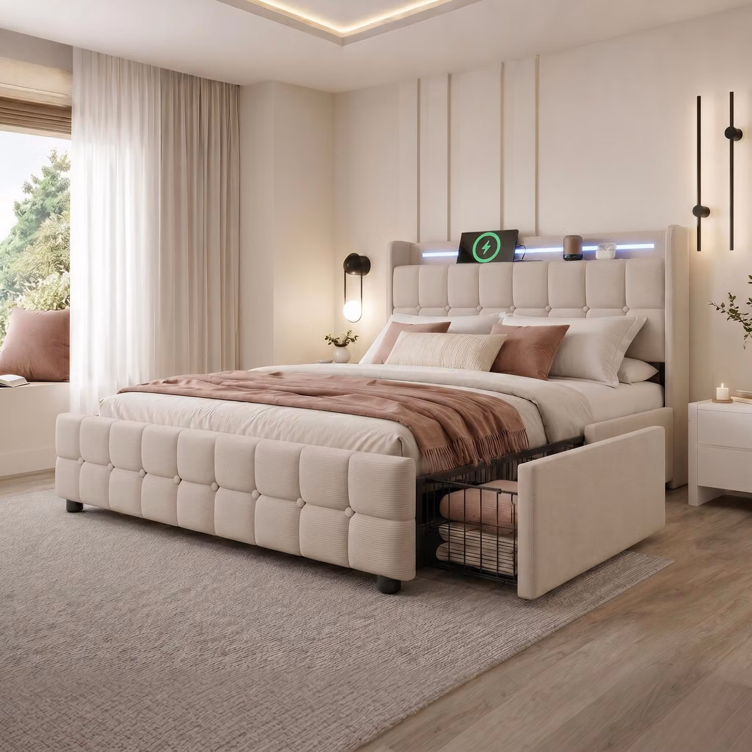 Letto imbottito Flieks 140x200cm con USB e prese, letto per ragazzi letto matrimoniale con 4 cassetti, letto contenitore letto in legno massiccio con LED e rete a doghe, lino, beige