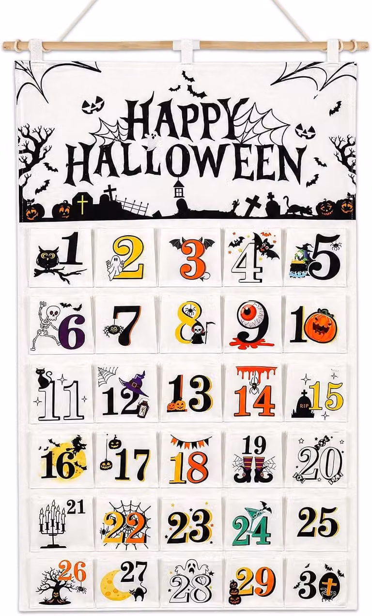 Calendario dell'Avvento in tessuto a tema Halloween - Calendario dell'Avvento riutilizzabile per il 2026 con 31 tasche - Personalizza il tuo calendario e conta i giorni che mancano a Halloween con decorazioni a tema