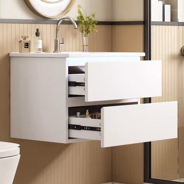 Mobile Bagno Sospeso con Lavabo Integrato e LED ¨C MINIMAL ¨C Bianco, 2 Cassetti, 61x46x45 cm