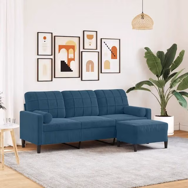 vidaXL Divano a 3 Posti in Velluto Blu con Poggiapiedi, Design Moderno e Lineare, L: 197 cm, P: 80 cm, H: 77 cm – 1