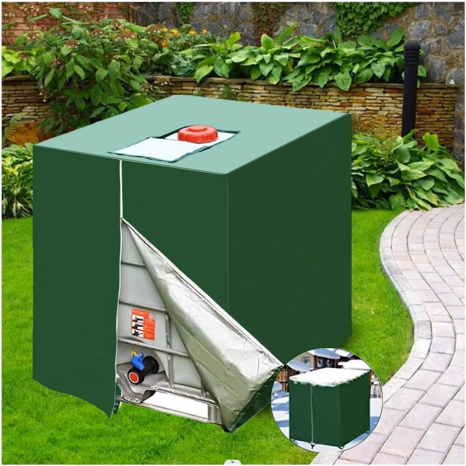 Coperchio per cisterna IBC 1000l copertura protettiva per cisterna d'acqua copertura per barile di pioggia 120x100x116cm verde
