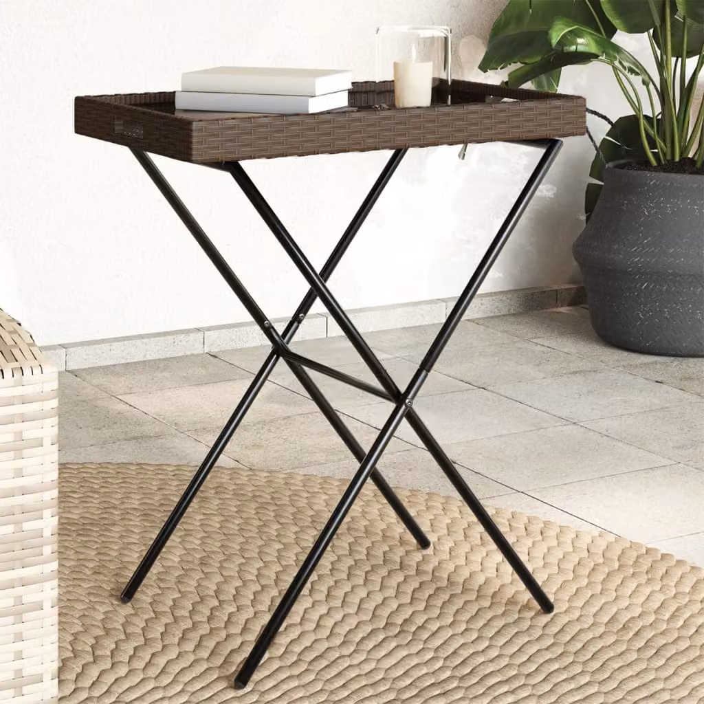 vidaXL Tavolino Vassoio Pieghevole in Polyrattan Marrone L: 65 cm, P: 40 cm, H: 75 cm