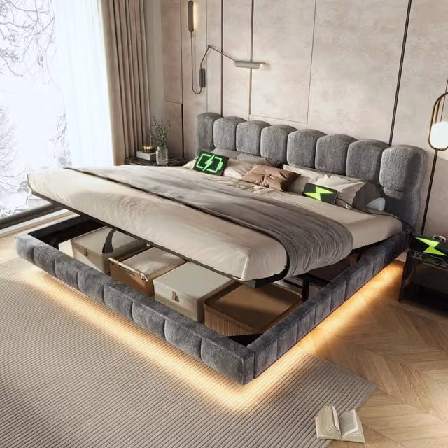 Letto contenitore imbottito 140x190 cm; design sospeso effetto nuvola; sollevamento idraulico; LED; USB/Type-C; ciniglia; grigio
