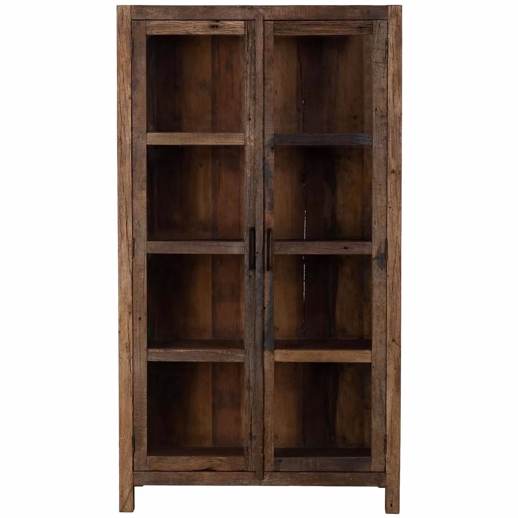 Vetrina artigianale WANDERLUST DECO in legno di mango marrone con ante in vetro, L: 100 cm, P: 40 cm, H: 180 cm – 2