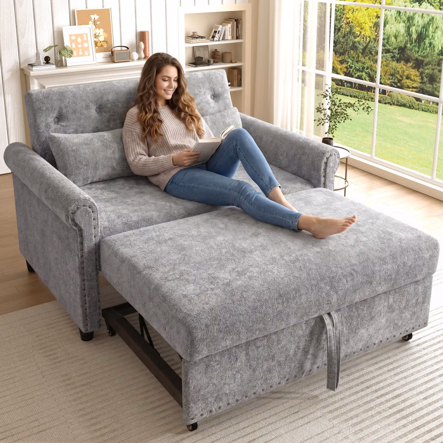 Divano letto 3 in 1 Merax con funzione letto, divano letto a 2 posti in ciniglia, letto per ospiti estraibile con schienale regolabile, grigio chiaro