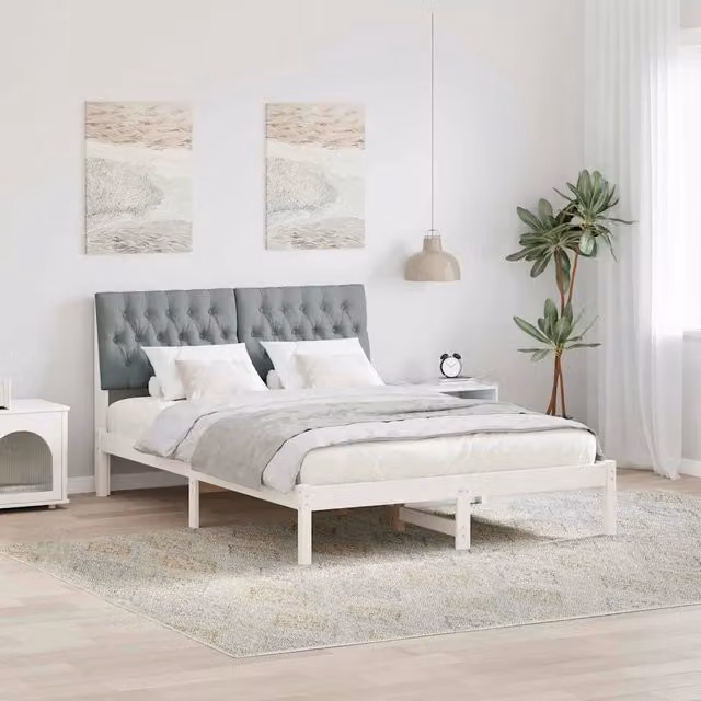 Letto con Testiera Rivestita-Struttura Letto con Testiera Bianco 135 x 190 cm