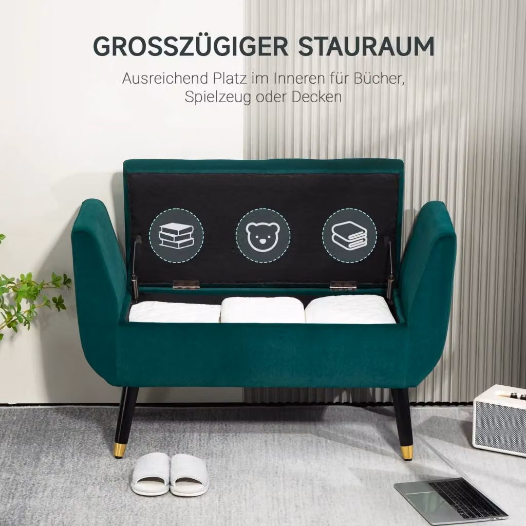 Panca contenitore OKWISH in poliestere effetto velluto con seduta imbottita e coperchio apribile verde L: 107 cm, P: 42 cm, H: 65 cm – 2