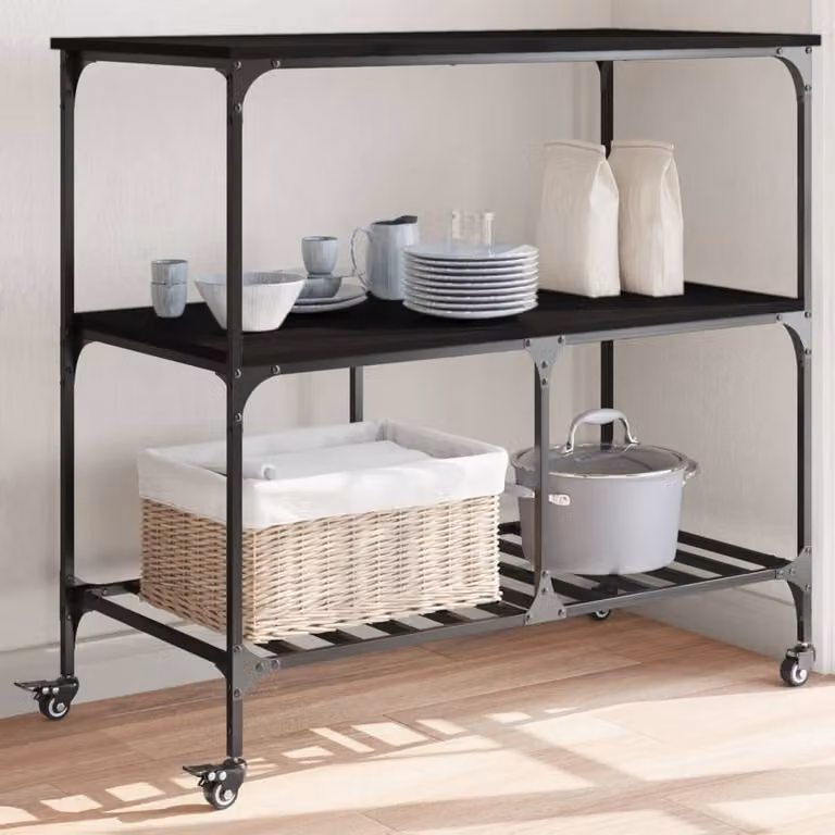 vidaXL Carrello da Cucina Industrial Nero con Ruote in Legno e Metallo L: 100 cm, P: 50 cm, H: 95 cm