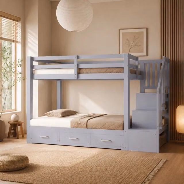 Letto a castello con letto estraibile 90/180 x 190 cm; 3 cassetti e scala contenitore; grigio